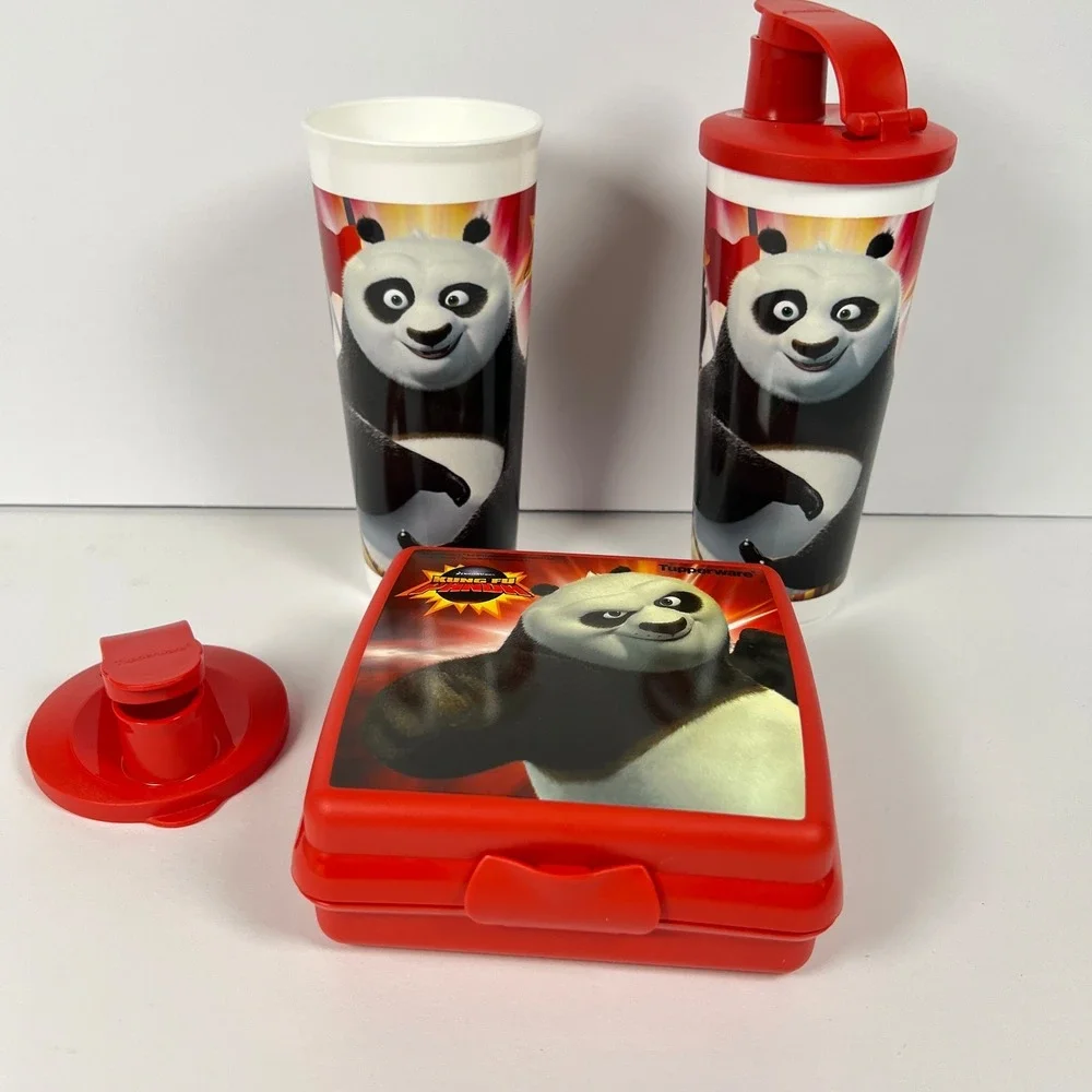 Tupperware Kung Fu Panda Kids Lunch Set Sandwich Keeper #3752, 2 Tumbler #5107